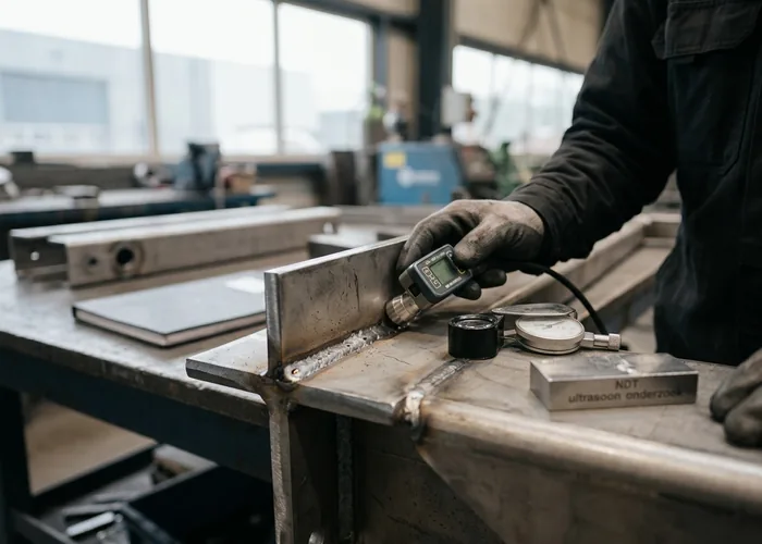 Werkplaats met staalconstructies en lasapparatuur in industriële omgeving