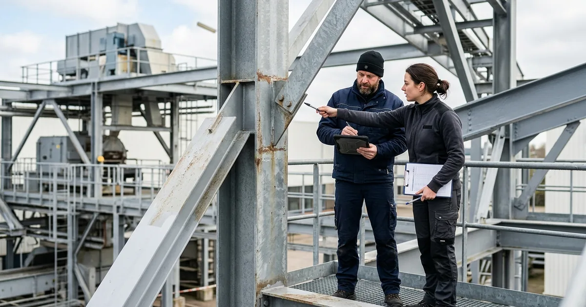 Twee inspecteurs beoordelen staalconstructie op buitenlocatie
