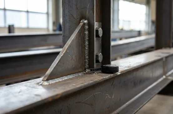 Detail boutverbinding met meetinstrument bij inspectie staalconstructie