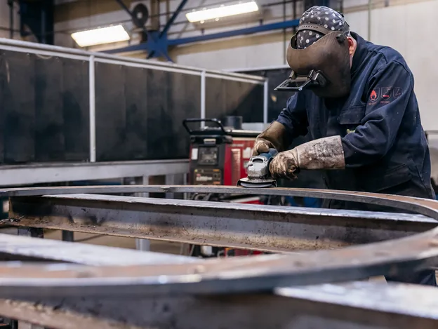 Medewerker slijpt gebogen staalplaat in de Ferna werkplaats