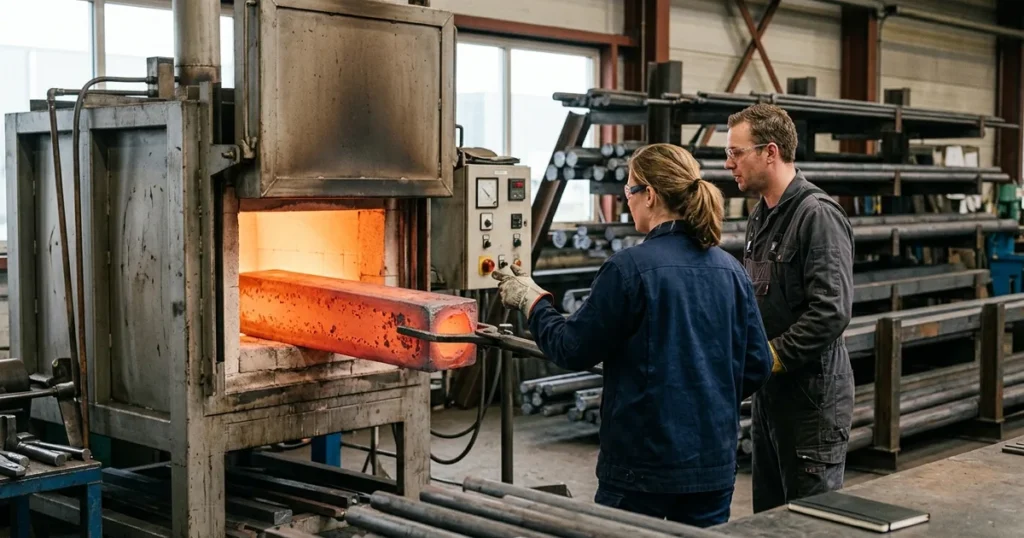 Operator haalt gloeiend rood staal uit een industriele hittebehandelingsoven in werkplaats Ferna