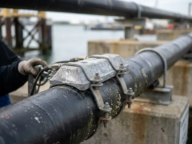 Opofferingsanodes geklemd op een stalen transportleiding als kathodische bescherming in een havenomgeving