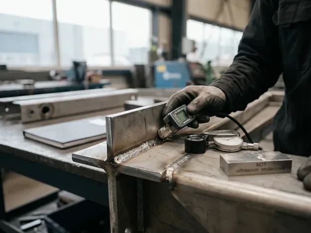 Werkvoorbereider meet wanddikte van een hoeklas met ultrasone NDT-meter op een staalconstructie