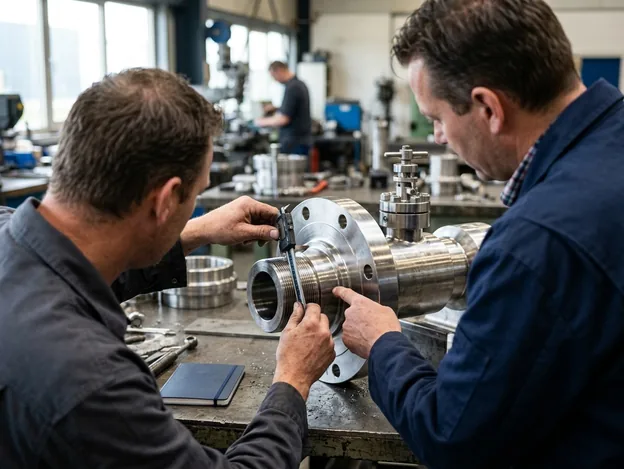 Materiaalingenieurs inspecteren een geflenste 17-4 PH pomp-onderdeel op een werktafel